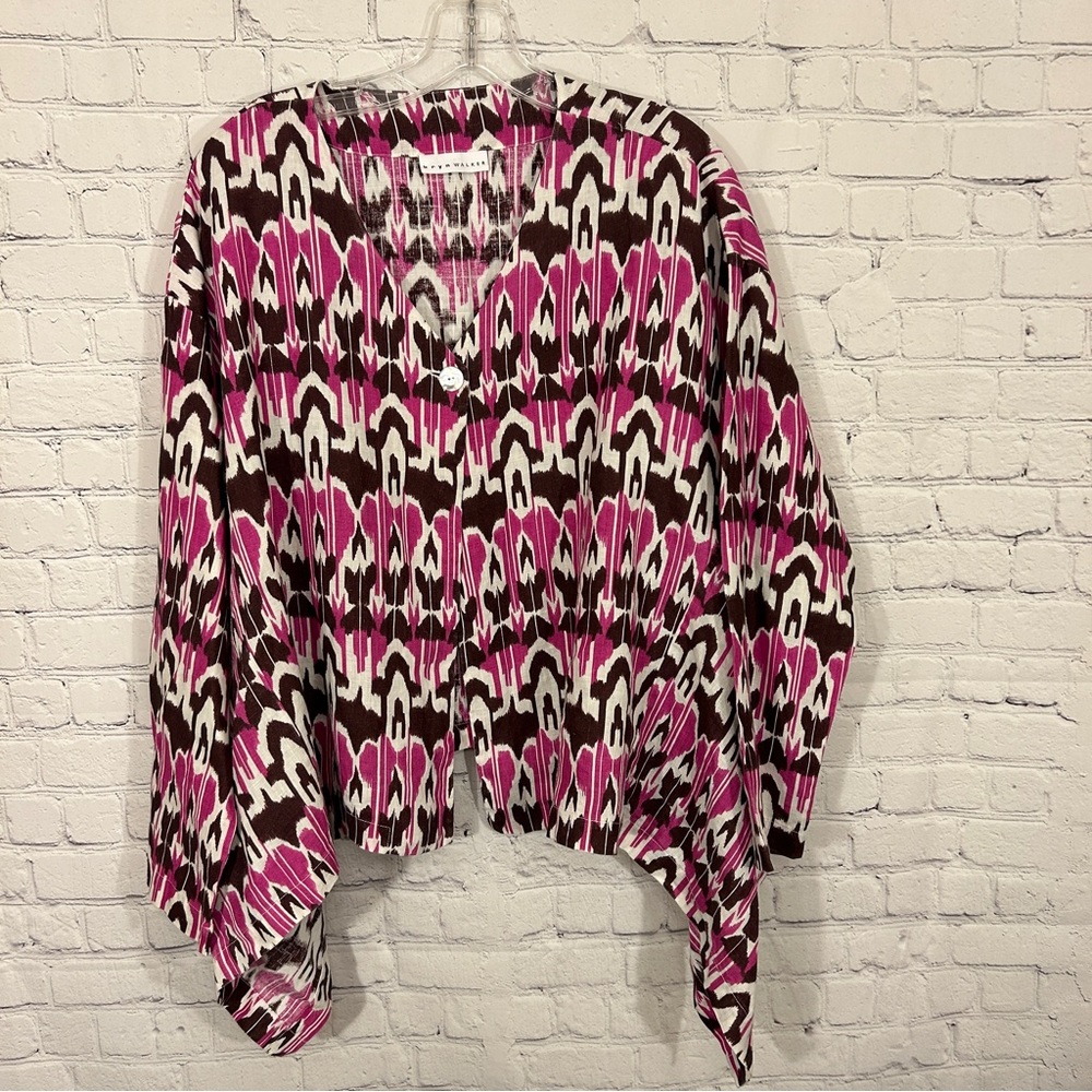 Bryn Walker Womens Cardigan Large Pink Print Linen One Button Long Sleeve